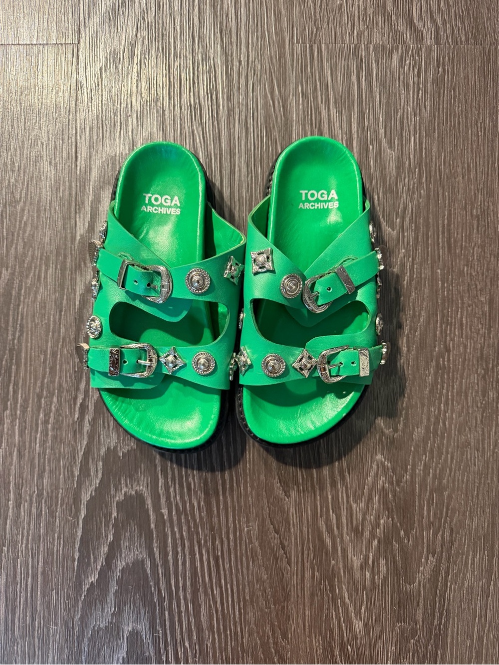 TOGA Pulla Bright Green Studded Double-Buckle Slide Sandals